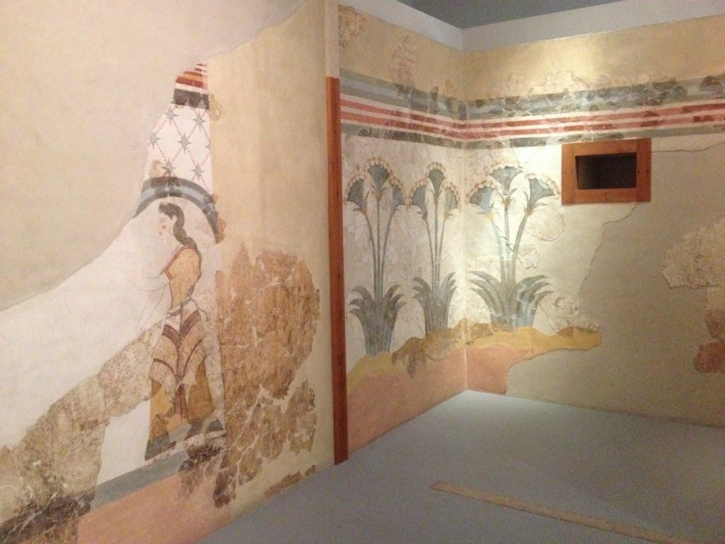 A wall with paintings from the ancient city of Akrotiri at the  Museum of Prehistoric Thera