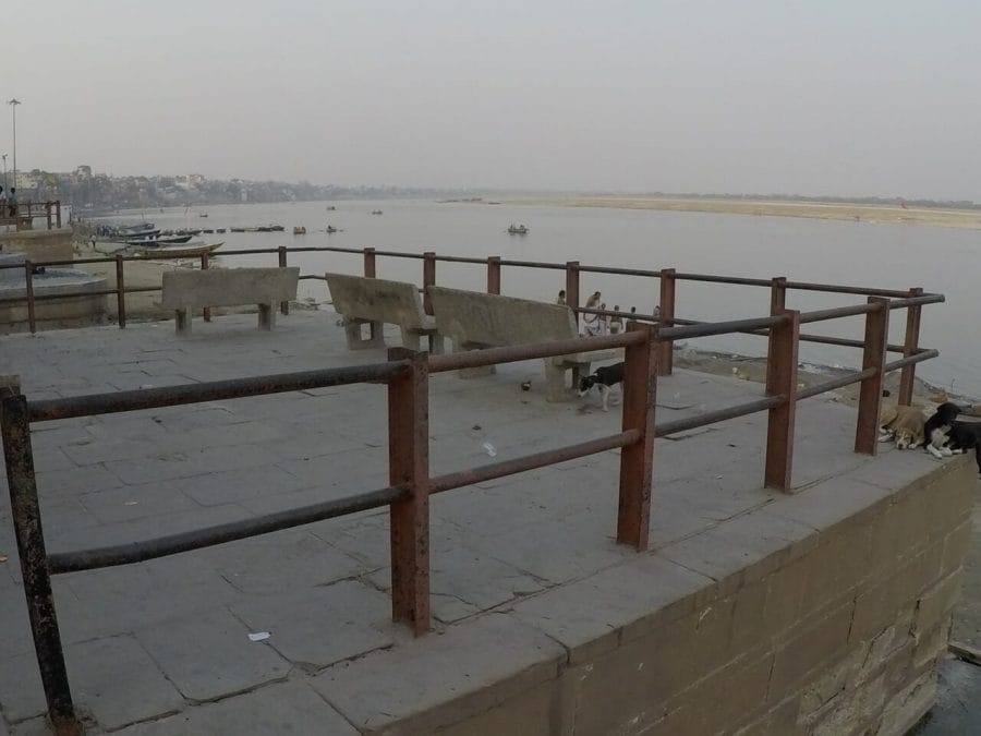 a cemented platform fenced for body cremation on the banks of the Ganges River