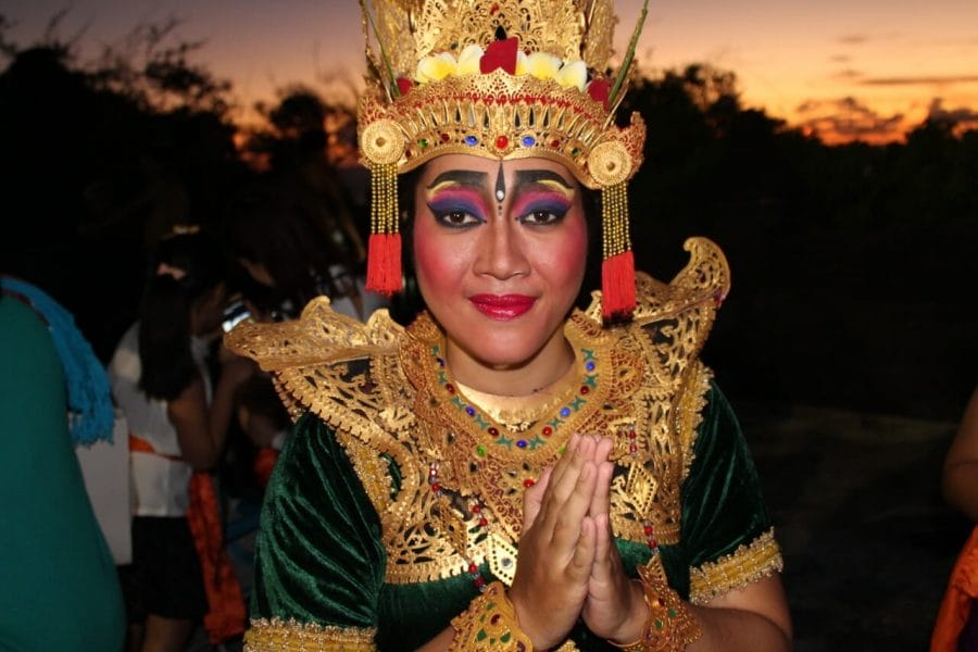 A Kecak dancer wearing a traditional Indonesian costume with a glorious make-up