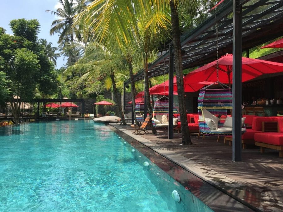 A gorgeous swimming pool, some red umbrellas, red sofas and colourful chairs surrounded by luxurious vegetation at Jungle Fish, Bali