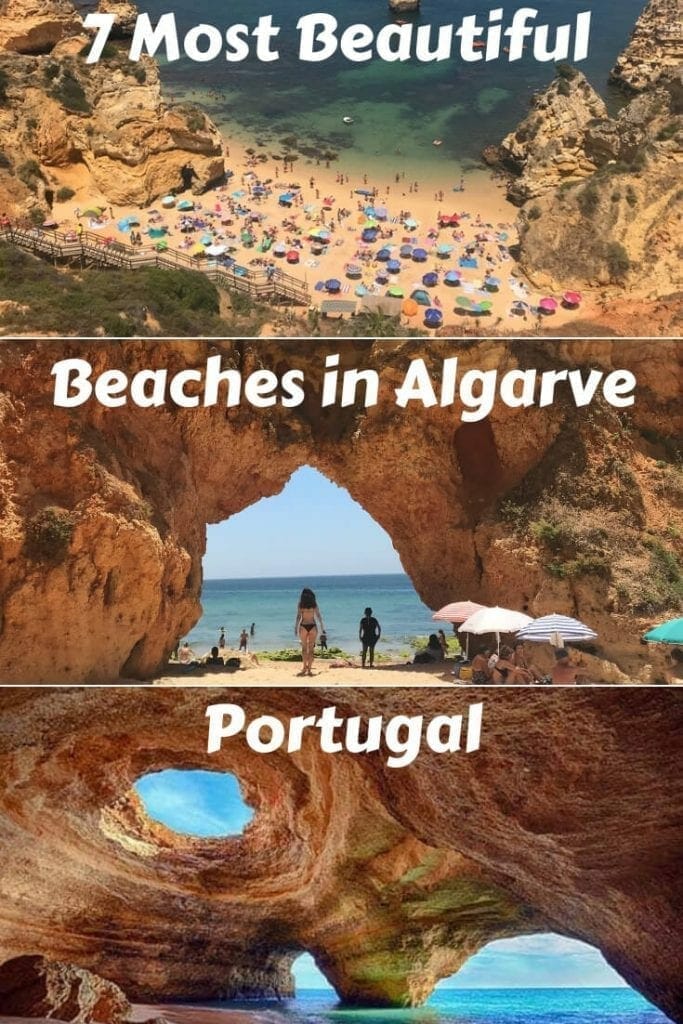 Praia do Camilo, Lagos, that's enveloped by orange-redish limestone cliffs, has crystalline water with many umbrellas of different colours on the sand and a woman walking through an arch on a cliff on Praia dos Três Irmãos, Portimão