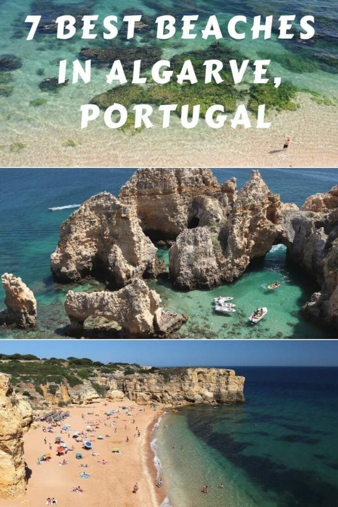 Ponta da Piedade, Lagos, and its ochre limestone cliffs with incredible rock formations, sea arches and some boats sailing along its crystal-clear green water and the view of Praia da Coelha, Albufeira, from the viewpoint