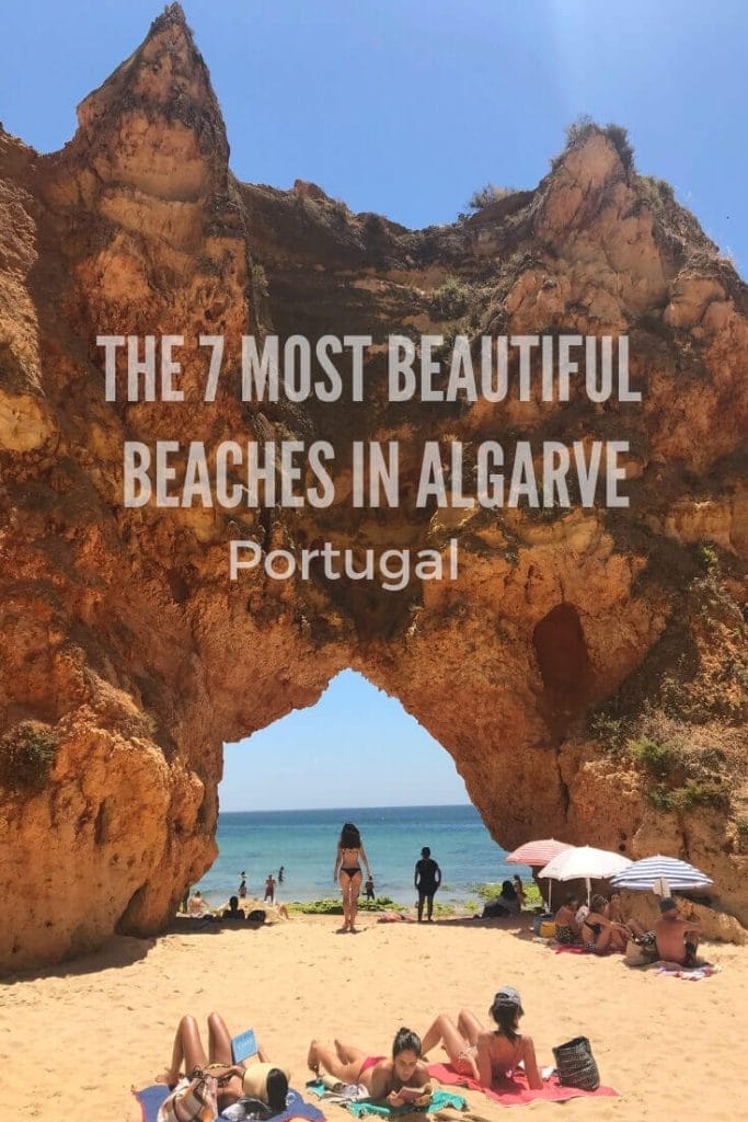 The 10 Best & Most Beautiful Beaches in Algarve Portugal 32 Three ladies sunbathing, four umbrellas and a lady passing through a majestic arch on Praia dos Três Irmãos, Portimão