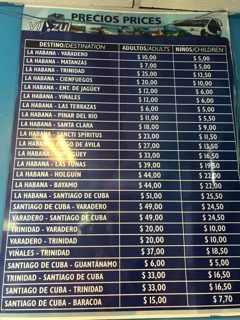 Precios de los viajes en autobuses en Cuba con Viazul