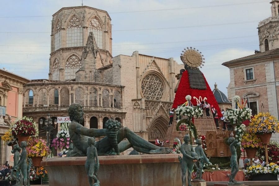 Plaza de la Virgen during the Fallas Festival, Valencia, Spain