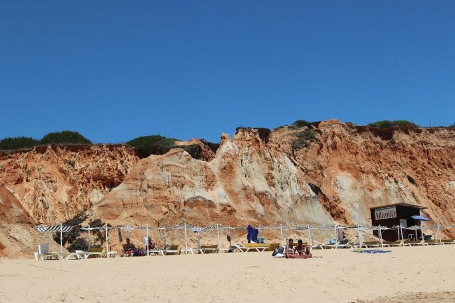 beaches chairs and cabanas at Praia da Falésia, Albufeira, Portugal