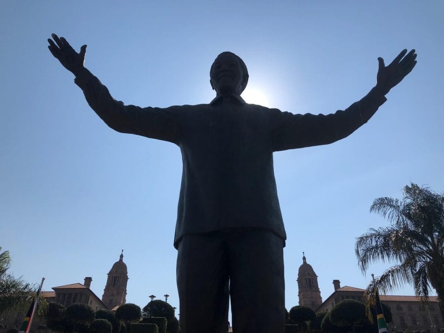 a gigantic statue of Nelson Mandela with the arms open on the Union Buildings ground, Pretoria, Gauteng. 