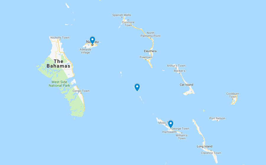A map showing where Pig Beach, Bahamas, is located.