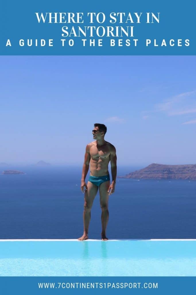 a man wearing a blue swimmingsuit standing on the border of an infinity swmimming pool in Imerovigli, Santorini