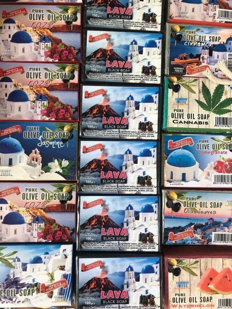 Some olive oil and lava soaps sold in Fira, Santorini