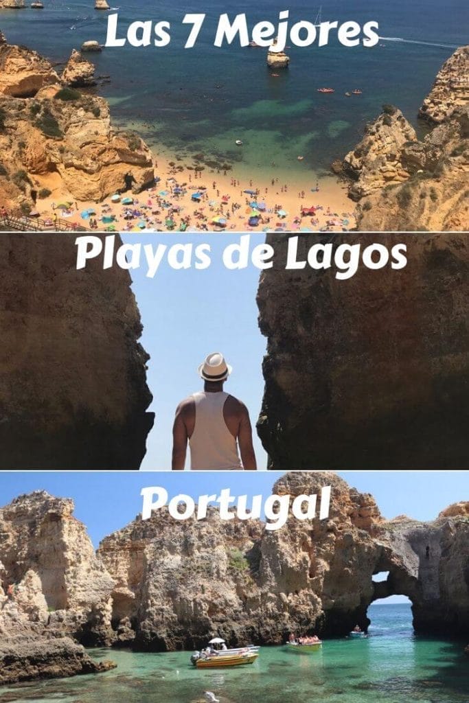 Playas de Lagos, Portugal: 7 Imperdibles + 1 Secreta 21 Vista aérea de Praia do Camilo, un hombre frente a un pequeño puente arqueado que conecta dos acantilados de Praia dos Estudantes con las aguas cristalinas de Ponta da Piedade con veleros y acantilados amarillos
