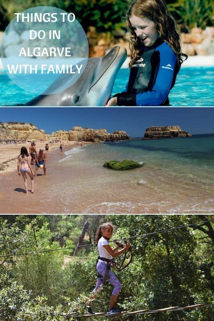 12 Best Things to Do in Algarve with Kids 14 A girl playing with a dolphin at Zoomarine Algarve, Albufeira, Portugal. Some people playing with a ball at Praia do Castelo, Albufeira, Portugal.
A girl walking on the tree tops at parqeu Aventura, Albufeira, Portugal
