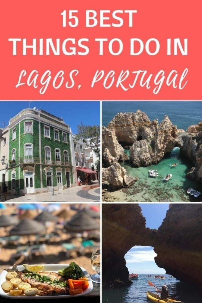 a three-storey building in the oldtown Lagos, Portugal, covered with green tiles, boats sailing in the crystal-clear emerald water of Ponta da Piedade, Lagos, surrounded by enormous ochre limestone cliffs, a white plate with some fish, broccolis, carrots and potatoes served on Praia da Coelha, Albufeira, and a lady on an yellow kayak transversing a sear arch at Ponta da Piedade, Lagos, Portugal