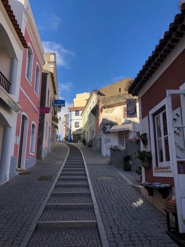 A street with colourful Portuguese houses in the city of Monchique, Algarve
