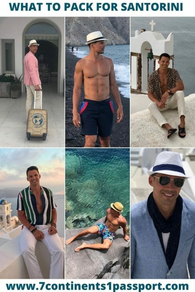 a man wearing different outfits in Santorini, Greece
