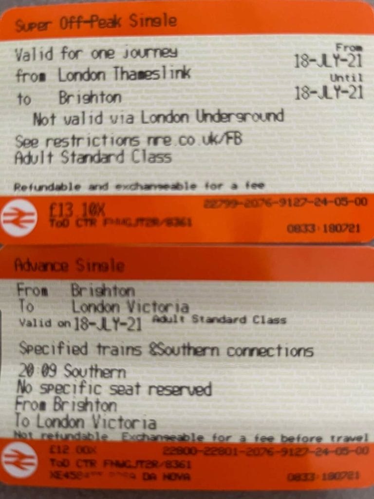 A pair of train tickets: one from London Bridge to Brighton and the other from Brighton to London Victoria