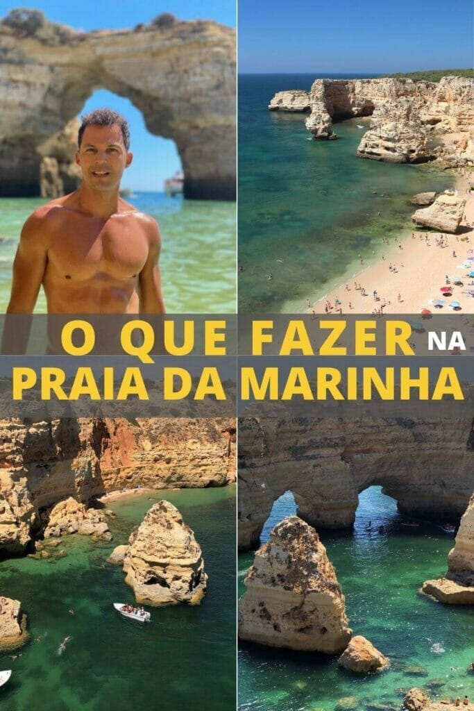 As águas cristalinas da Praia da Marinha, no Algarve, Portugal, que é delimitada por falésias calcárias amarelas e um homem na Praia de Albandeira com um enorme arco de mar atrás de si