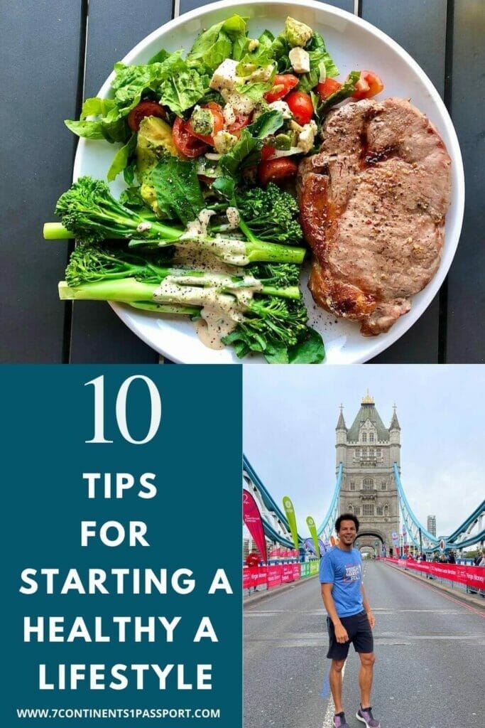 A white plate with a piece of meat with broccoli, tomatoes, avocado, goat cheese and lettuce and Pericles Rosa wearing a blue t-shirt and black shorts running at Tower Bridge, London