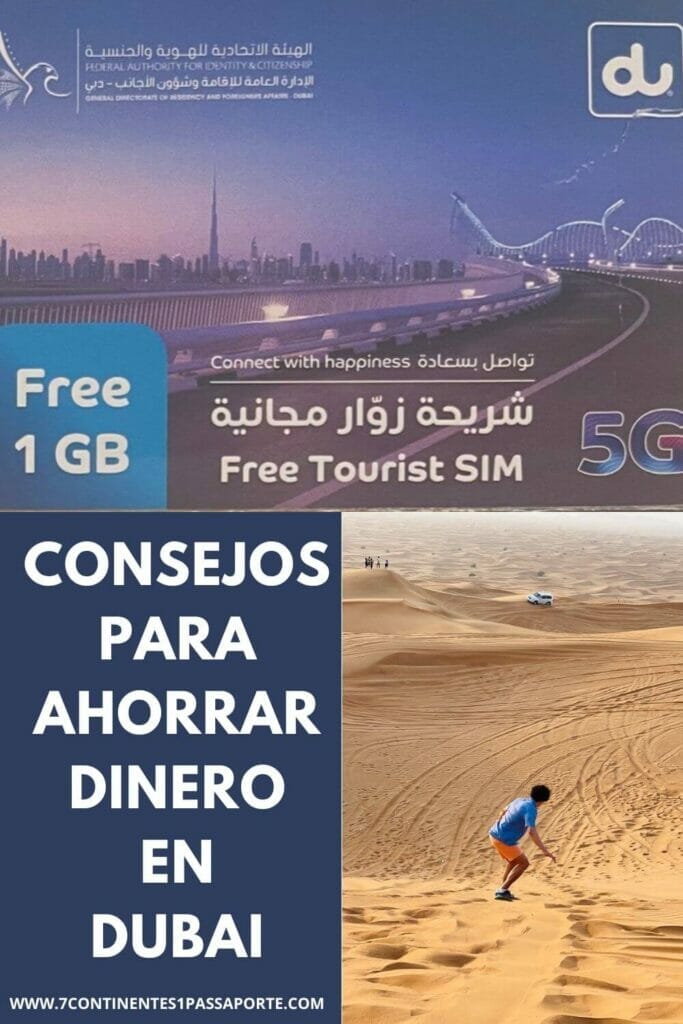 Un paquete de una tarjeta SIM turística gratuita de 1Gb y un hombre haciendo sandboarding en el desierto de Dubai