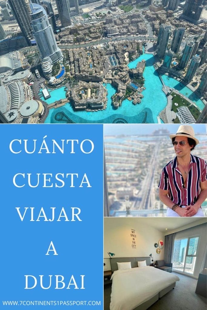Cuánto Cuesta Viajar a Dubai en 2023 - Presupuesto & Consejos 14 Dubai Fountain y Downton Dubai, un hombre con sombrero, gafas de sol y camisa a rayas en The View at The Palm con las islas de palmeras al fondo, una habitación individual con cama doble en Rove Dubai Marina