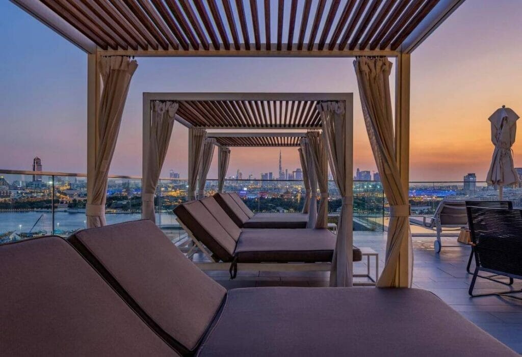 Cabanas on the rooftop at Al Bandar Rotana Hotel, Deira, Dubai