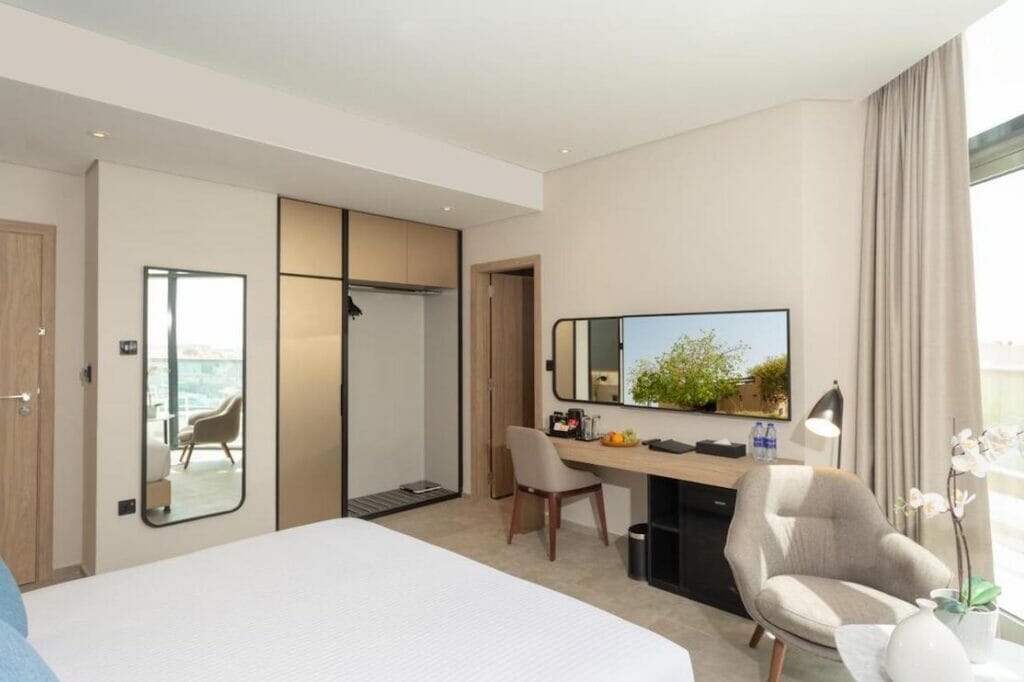 A double-bed room at the Beach Walk Hotel Jumeira, on Jumeira Beach, Dubai.