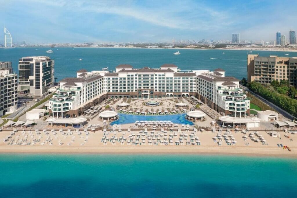 Aerial view over Taj Exotica Resort and Spa on Plam Jumeirah Island, Dubai