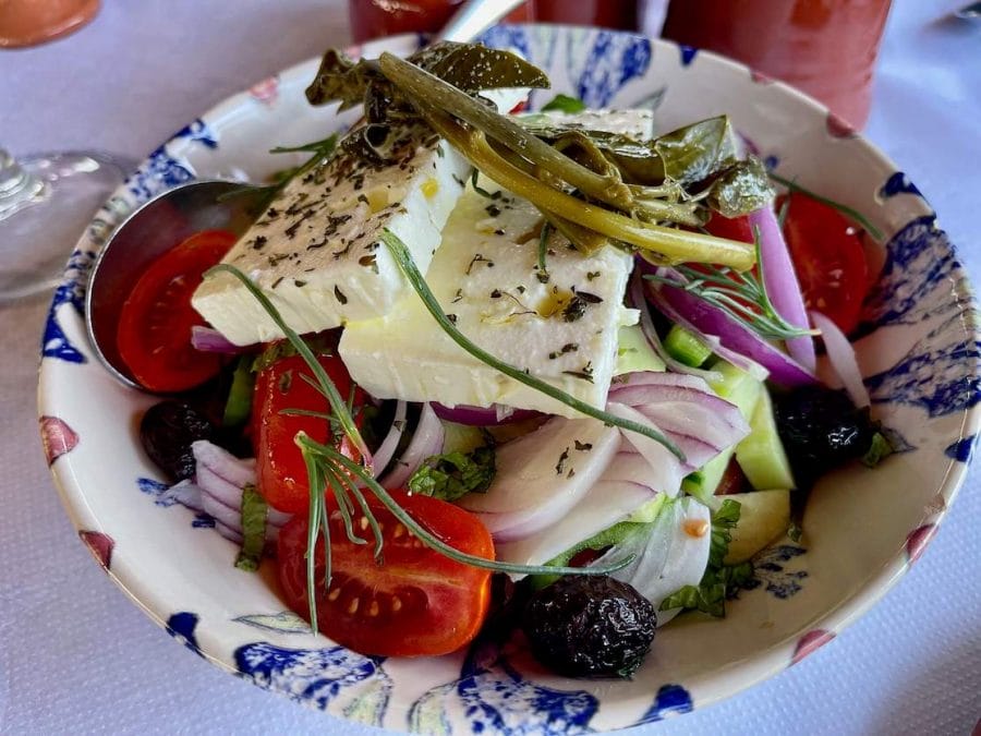 A Greek salad at Paragas Restaurant, Apóllona Village, Greece
