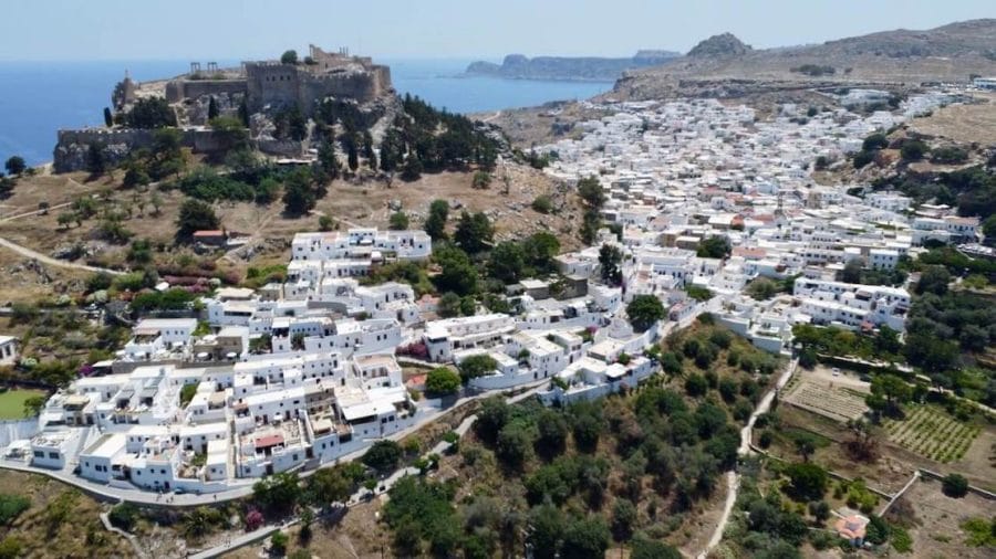 Aerial view of the city of Lindos, Greece
