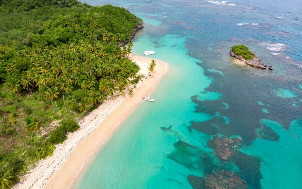 Aerial view of a beach in Dominican Republic with tis turquoise waters and coconut trees