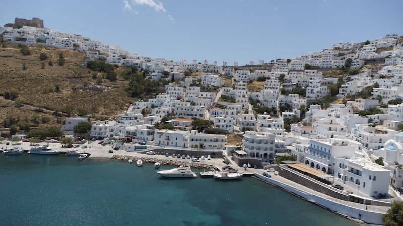 Aerial view over Chora, Astipalaia, Greece